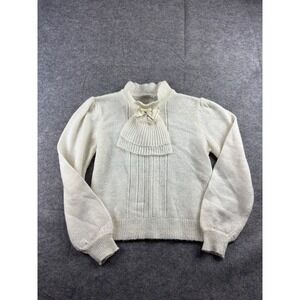 VTG WCC Womens M Ruffle Mock neck Sweater White Preppy Cottagecore‎ Bow Coquette